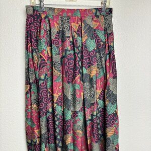 Vintage 1980s Silk Full Pleated Midi Skirt with Vibrant Print  Size 10/12